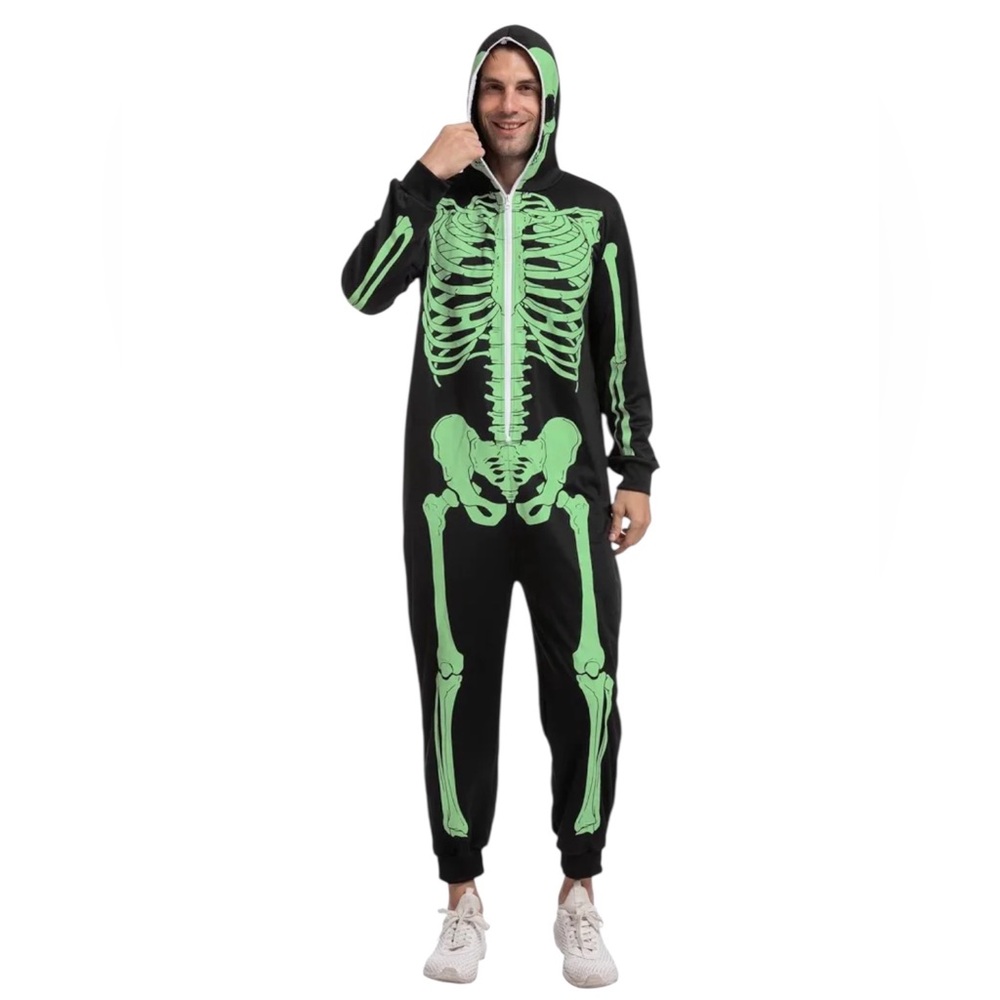 ••Spooktacular Creations Skeleton Glow In Dark Zip Up Hooded Jumpsuit Adult SM
